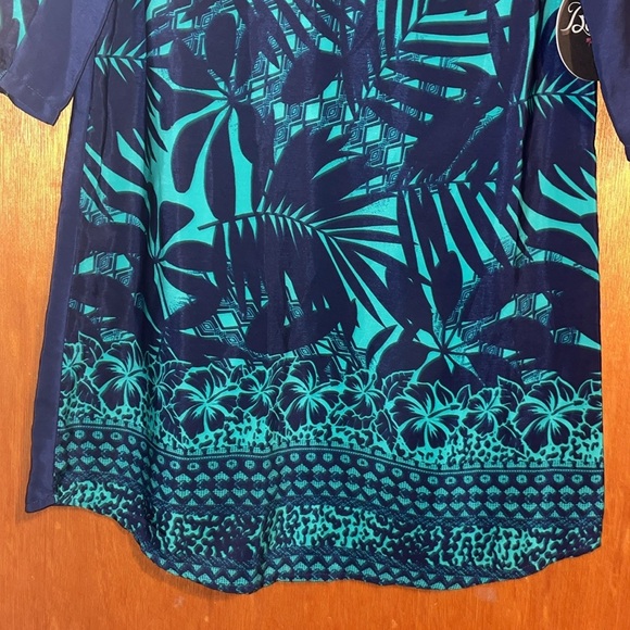•BE BOP•NWT NAVY/TURQUOISE TROPICAL TAHITIAN PALM LEAVES SHIFT DRESS SIZE XS - Picture 7 of 8